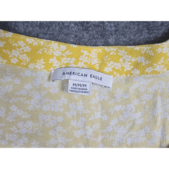 American Eagle Shirt Womens Medium Yellow Floral Long Sleeve Blouse Ruched Top - Picture 2 of 10